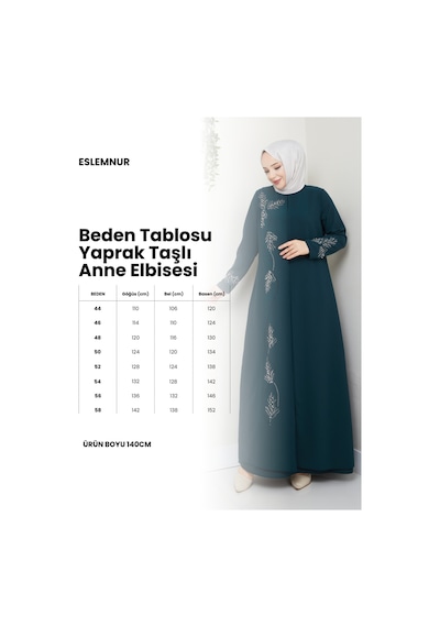 Eslemnur Büyük Beden Yaprak Taşlı Anne Elbisesi En7008 Gül Kurusu