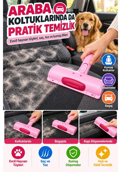 Pembe Tekrar Kullanılabilir Hazneli Tüy Toplama Rulosu Kedi Köpek Tüyü Koltuk Temizleme Aparatı