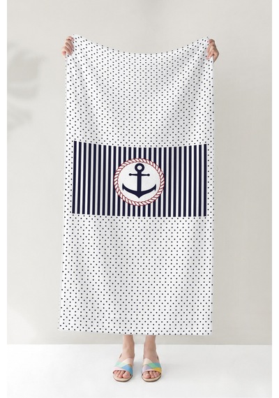 Çapa Marine Çizgili Plaj Havlusu - Lacivert Beyaz Nautical Stil Hızlı Kuruyan Mikrofiber Havlu Örtü Çok Renkli