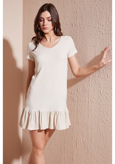 Lela Regular Fit Fırfırlı V Yaka Bürümcük Mini Bayan Elbise 5865071 Taş