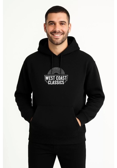 Cvs Giyim Erkek Üç İplik Kapüşonlu Ön Ve Arka Baskılı Sweatshirt Hoodie - Siyah Siyah