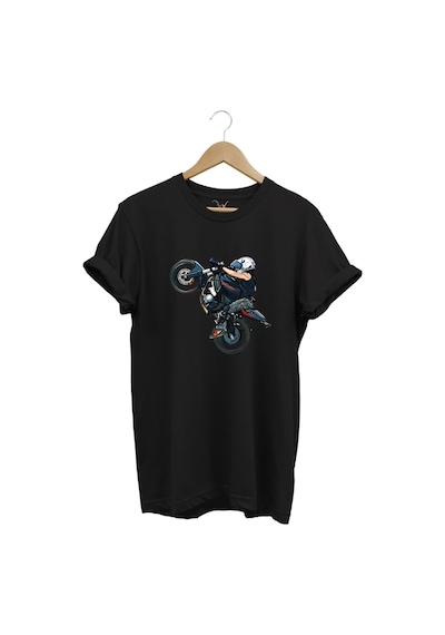 Motosiklet Racing Ön Kaldıran Motorcu Baskılı %100 Pamuk Regular Fit Bisiklet Yaka Siyah T-shirt Siyah