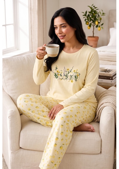 Seboteks Mevsimlik Kumaş Bisiklet Yaka Uzun Kollu Büyük Beden Kadın Pijama Takımı 400 Sarı