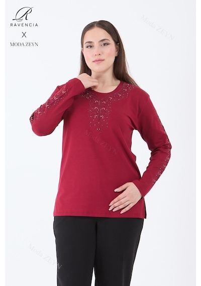 Kadın Bordo Şerit Çiçek Desenli Taşlı Yırtmaçlı Likralı Viskon Anne Penye Bluz