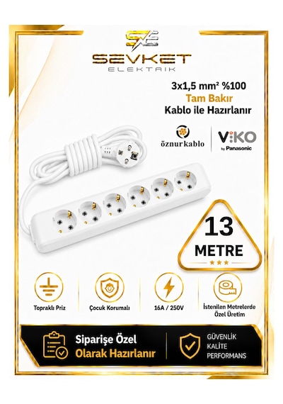 Viko 6'lı Grup Priz 13 Metre Beyaz 3x1,5 Kablolu Uzatma Kablosu 13 M