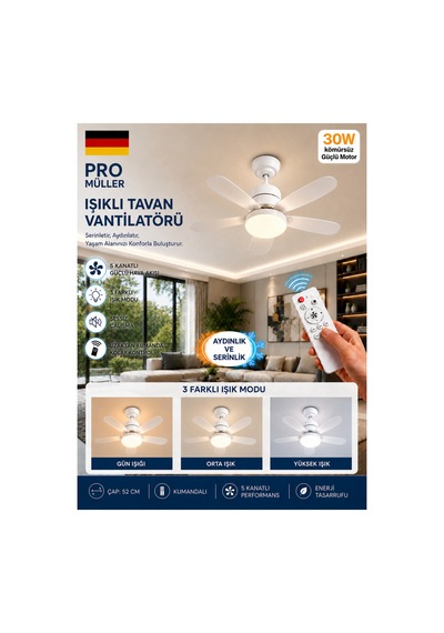 Pro Müller Pro Müller Kömürsüz Sessiz Motor Tavan Tipi 3 Renk Aydınlatmalı Fan Vantilatör Sinek Kovar Beyaz
