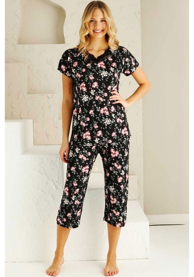 Alimer Kadın Siyah Dantelli V Yaka Bermuda Pijama Takım Edy2735s Siyah