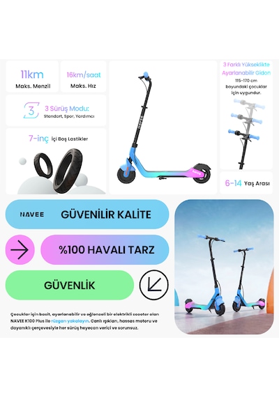 K100 Plus Ayarlanabilir Gidonlu Çocuk Elektrikli Scooter 160w Güç 11 Km Menzil Mavi