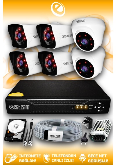 Elitcam 6 Kameralı Kare 2 İç Kamera Set 2 TB HDD Full HD Gece Görüşlü Güvenlik Kamerası Sistemi