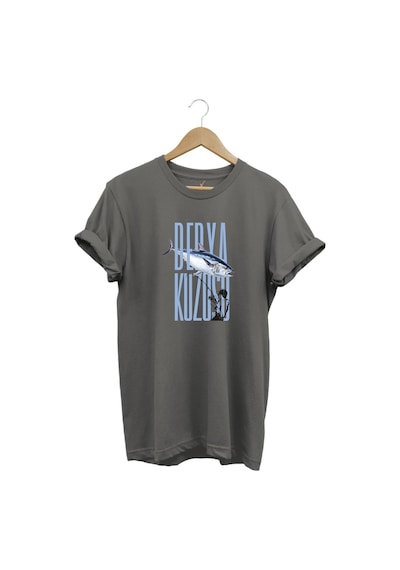 Fishing Balık Avcılığı Palamut Balığı Derya Kuzusu Tasarım Baskılı Regular Fit Bisiklet Yaka T-shirt Gri
