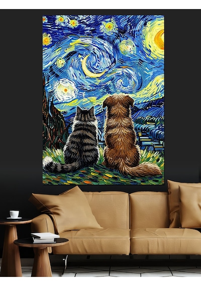 Van Gogh Yıldızlı Gece Soyut Kedi Ve Köpek Dekoratif Kanvas - Mdf Ahşap Tablo