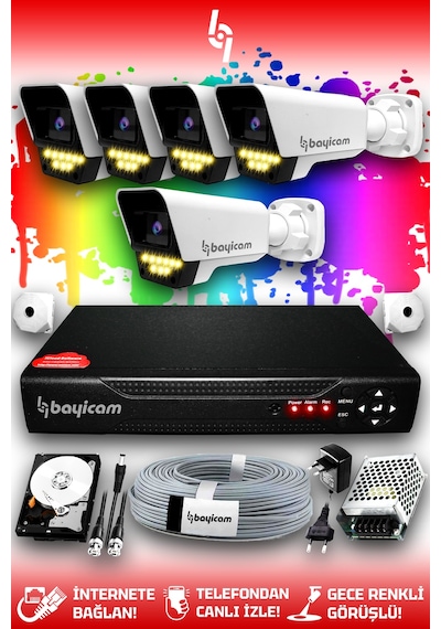 Bayicam 5 Kameralı Süper 5 Dış Kamera Set 500 GB 5 MP 2K Renkli Gece Görüşlü Güvenlik Kamerası Sistemi
