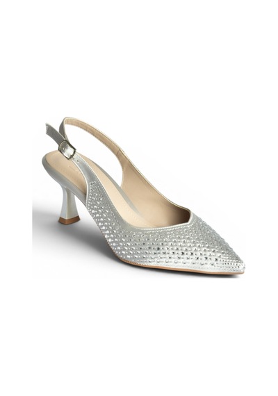 Fox Shoes Y676198104 Gümüş Kumaş Taşlı Alçak Topuklu Kadın Abiye Ayakkabı