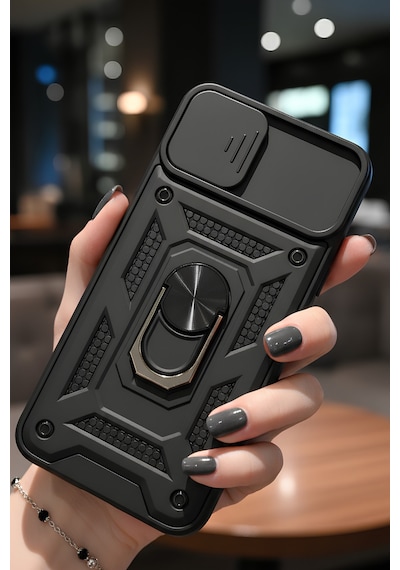 Apple Uyumlu iPhone 14 Kılıf Sürgülü Kamera Korumalı Yüzüklü Stand Olabilen Magnetic Tpu Tank Kapak