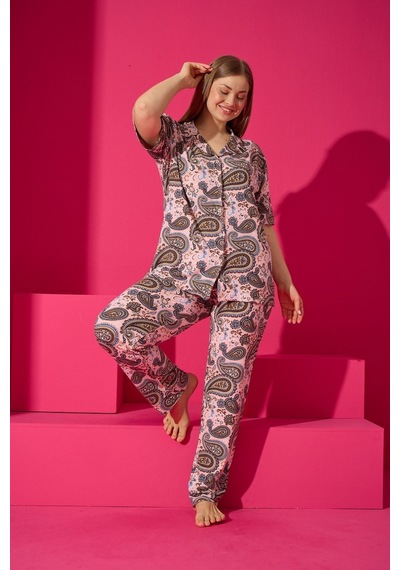 Eliz 7301-28-b Bambu Battal Likralı Düğmeli Kadın Pijama Takımı Çok Renkli