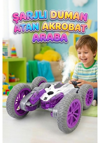 Uzaktan Kumandalı 7 Fonksiyonlu Işıklı Şarjlı Duman Atan 360 Derece Dönebilen Oyuncak Akrobat Araba Mor