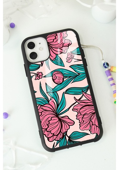 Apple Uyumlu iPhone 11 Fuşya Çiçekli Tasarımlı Glossy Telefon Kılıfı Çok Renkli