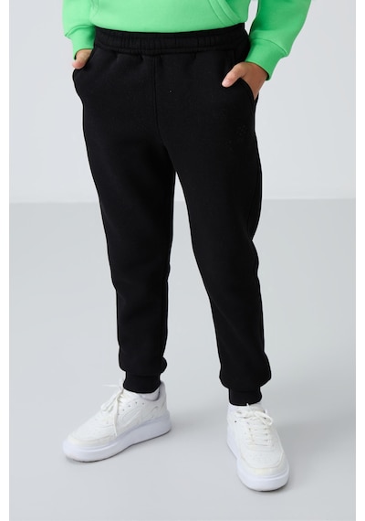 Tommylife Siyah Pamuklu Kalın İçi Tüylü Standart Fit Nakışlı Erkek Çocuk Eşofman Alt - 11224