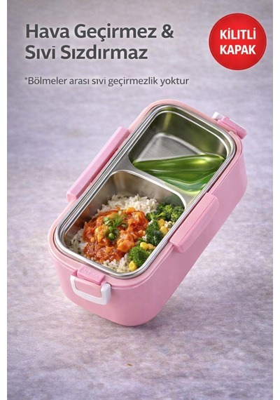 Pembe Benmarili Paslanmaz Çelik Yemek Kabı 2 Bölmeli Beslenme Kabı Saklama Kabı Lunch Box Diğer