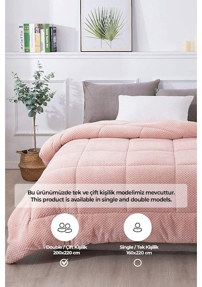 Ultra Yumuşak Çift Taraflı Wellsoft Peluş Yorgan Çift Kişilik Yıkanabilir 200x220 Cm Pudra Pudra