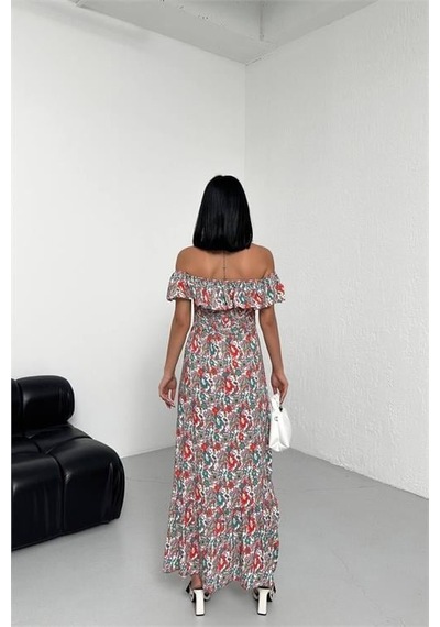 Neşeli Butk Kadın Viskon Madonna Yaka Gipeli Uzun Elbise Dpg014 Cok Renklı