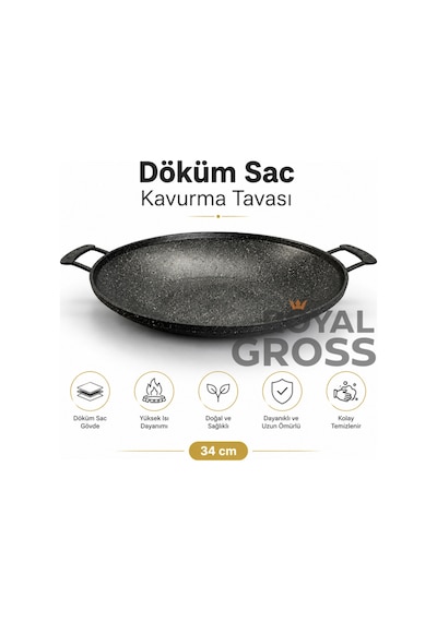 Döküm Sac Kavurma Tavası 34 Cm Çift Kulplu Izgara Ve Et Pişirme Tavası Siyah