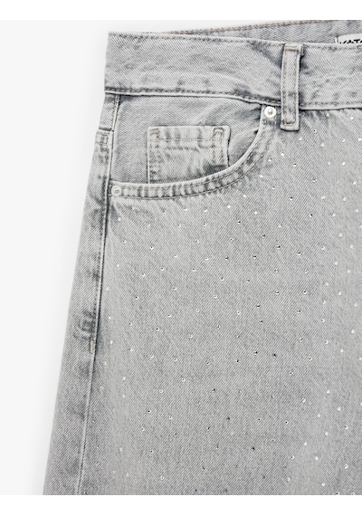 Koton Taş Detaylı Yıkamalı Normal Bel Pamuklu Geniş Paça Denim Pantolon - Wide Leg Jeans Gri 7wal40129md