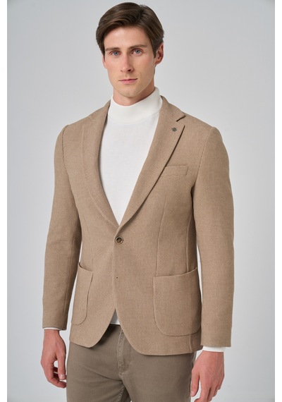 Morven Erkek Bej Poliviskon Trend Desenli Slim Fit Mono Yaka Dokuma Ceket 26ks002001653 Bej