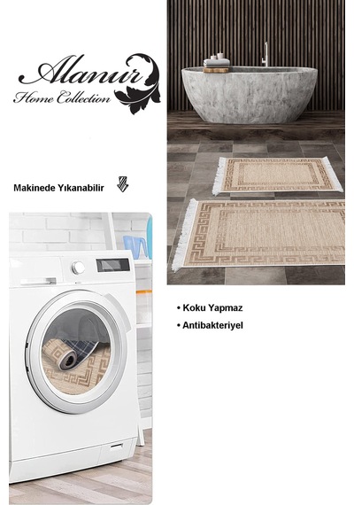Dekoreko Kaymaz Taban Djt 2 Li Banyo Paspas Takımı Star Pamuk Saçaklı Modern F5036 Bej