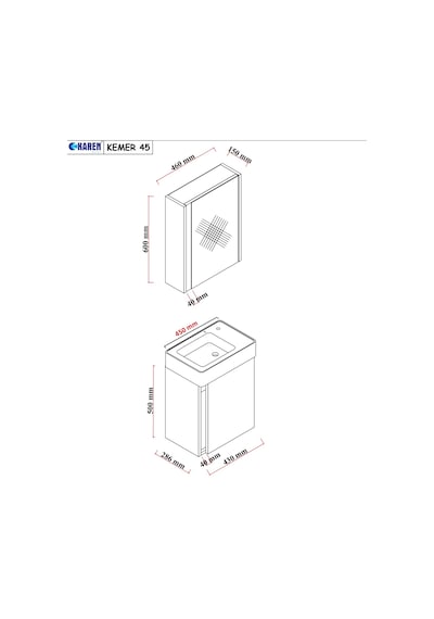 Karen Banyo Kemer 45 Cm,Lavabolu,Aynalı,Banyo Dolabı,Mat Antrasit,Lavabo Dahil Antrasit