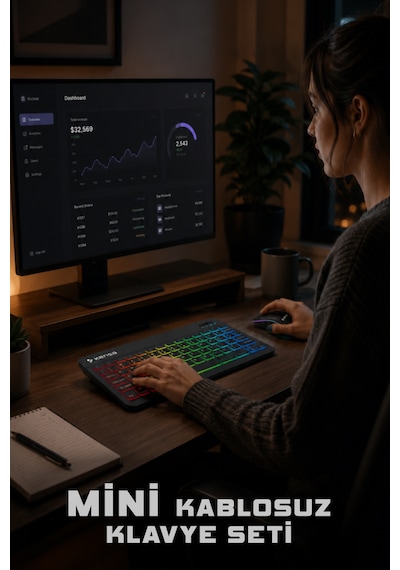 Tablet Ve Bilgisayar İçin Rgb Led Işıklı Taşınabilir Kablosuz Bluetooth Klavye Ve Dongle'lı Mouse Seti Siyah