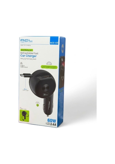 Acc-03 60w Süper Hızlı Araç Şarj Cihazı-3in1 Makaralı Geri Çekilebilir Type-c Kablolu -180 Dönen Baş