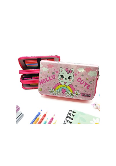 Simli Işıltılı Kitty Hello Cute Kalem Kutusu Vegan Deri Kalemkutu Üç Bölmeli Kalemlik -pembe