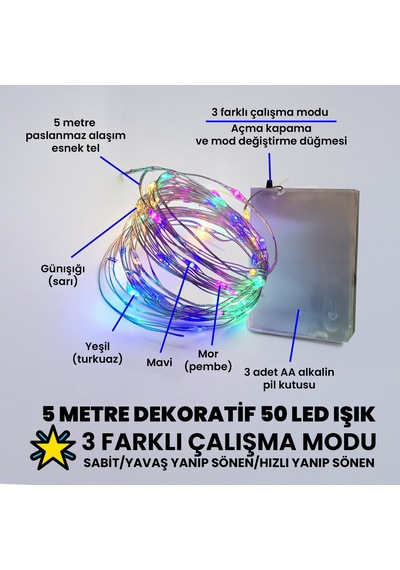 Upway 5 Metre Su Geçirmez 4 Renkli 50 Led Işık - Pilli Dekoratif Aydınlatma