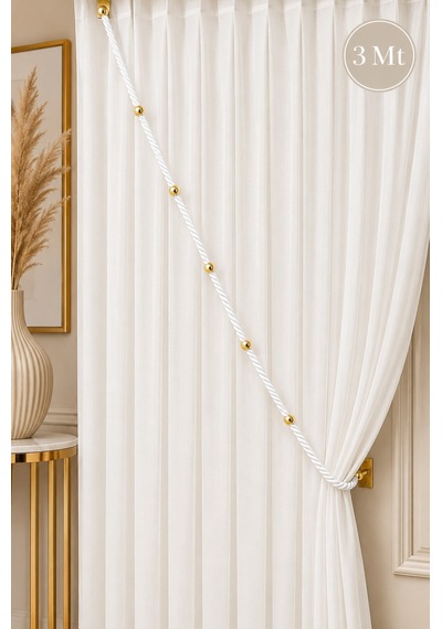 Beyaz Kruvaze Perde Tavan Korniş Bağlama Halatı - Gold Detaylı - Perde Süsü - 3 Metre - 1 Adet