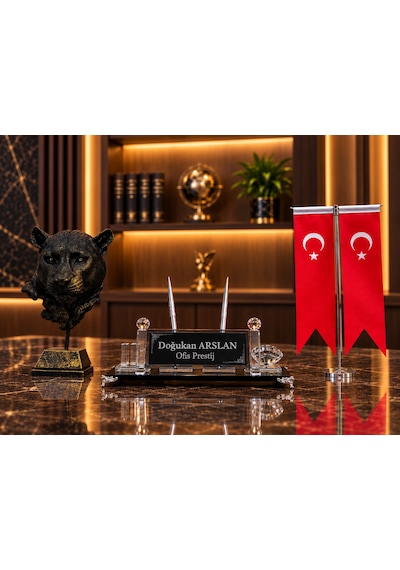 Kişiye Özel 3 Parça Kristal Masa İsimliği Türk Bayraklı Panter Figürlü Ofis Masa Seti Siyah