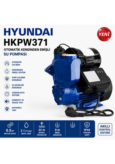 Hyundai Hkpw371 Otomatik Kendinden Emişli Su Pompası 0.5 Hp Hidrofor Bahçe Su Motoru