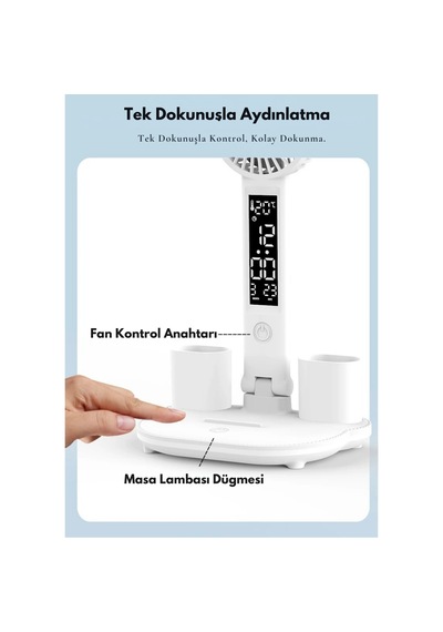Techtic 8in1 Fanlı Masa Lambası 4 Başlı Lamba Saat Takvim Derece