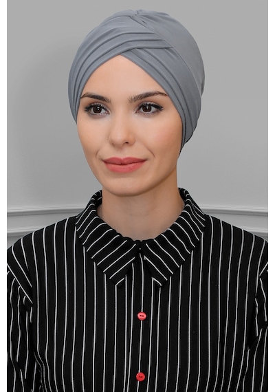 Hürrem Bone Gri Pratik Hazır Geçmeli Tesettür Bone Sandy Kumaş Üç Çapraz 1803 15 Gri