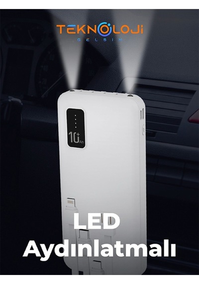 10.000 Mah Powerbank Elfenerli Dijital Led Gösterge Kendinden Kablolu Taşınabilir Şarj Aleti 4 Çıkış Siyah