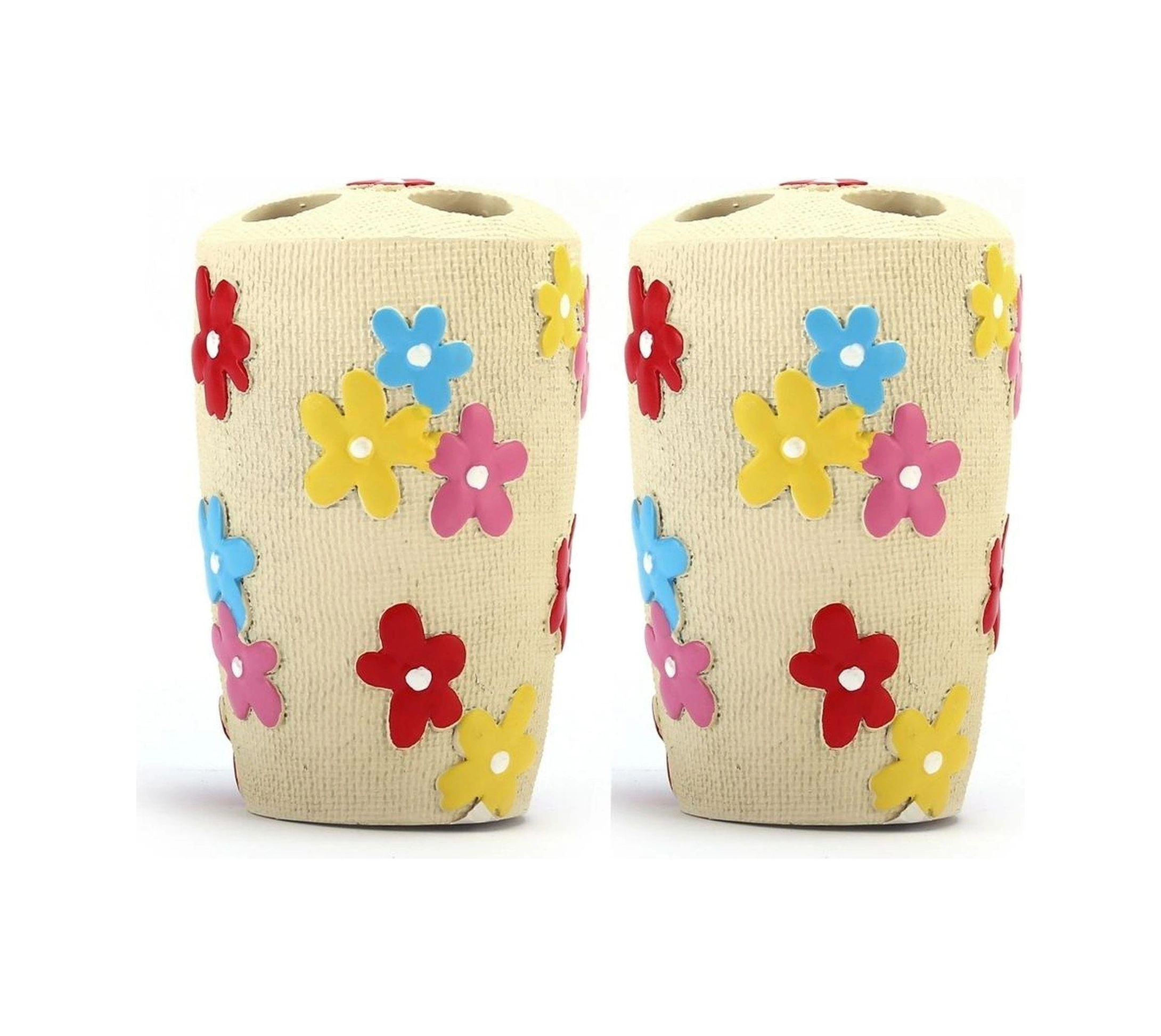 2 Adet Diş Fırçalık Renkli Papatyalı Poliresin 5x5x11cm Banyo Seti Çok Renkli