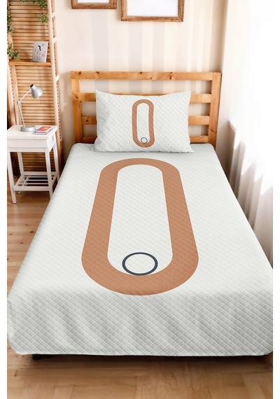 Minimal Bej Geometrik Genç Odası Tek Kişilik Pike Takımı - Ekru Antrasit 160x220 Cm Yatak Örtüsü Gölge Doku Örtüsü