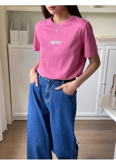 Trendy T-shirt - Pembe Oversize Baskılı Bisiklet Yaka Pembe