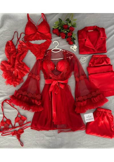Mh Moony Homewears Lüx Kutulu Pera 10 Parça Saten Gecelik Tül Sabahlık Pijama Iç Giyim Çeyiz Seti Çok Renkli