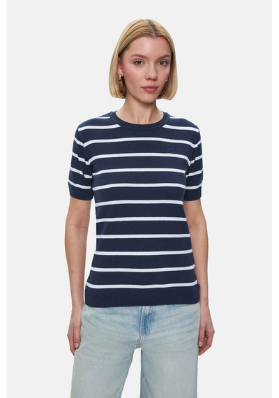 Mısha Lacivert Çizgili Bisiklet Yaka Triko Nakışlı Standard Fit Kadın Tshirt Lacivert