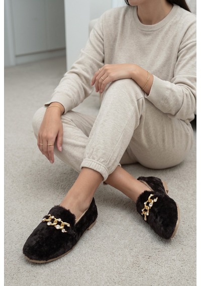 Nmoda Kadın Peluş Panduf Gold Zincir Taşlı Aksesuarlı Kapalı Loafer Yumuşak Tabanlı Kışlık Rahat Babet Kahverengi