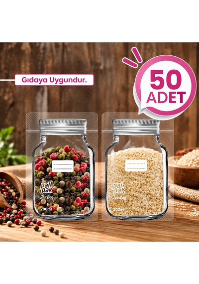 Gümüş Desenli Mini Boy Kavanoz Görünümlü Kilitli Doypack Saklama Poşeti 11x15 Cm - 200 Ml 50 Adet