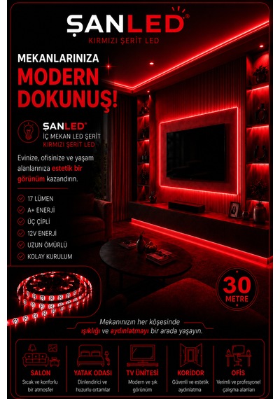 3 Çipli Şerit Led Kırmızı Renk 12v 30 Metre