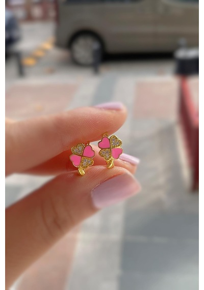 Gümüş Pembe Mineli Yonca Çocuk Küpesi Diğer