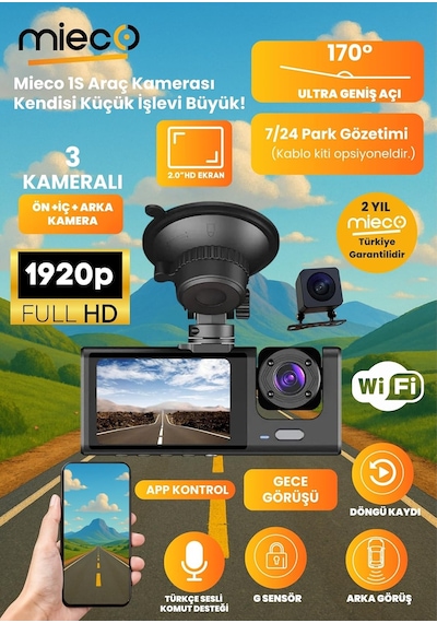 1s Wifi/1920p Fhd/170 Ultra Geniş Açı/gece Görüşü Ve G-sensörü/ 3 Kameralı Araç Kamerası 2025